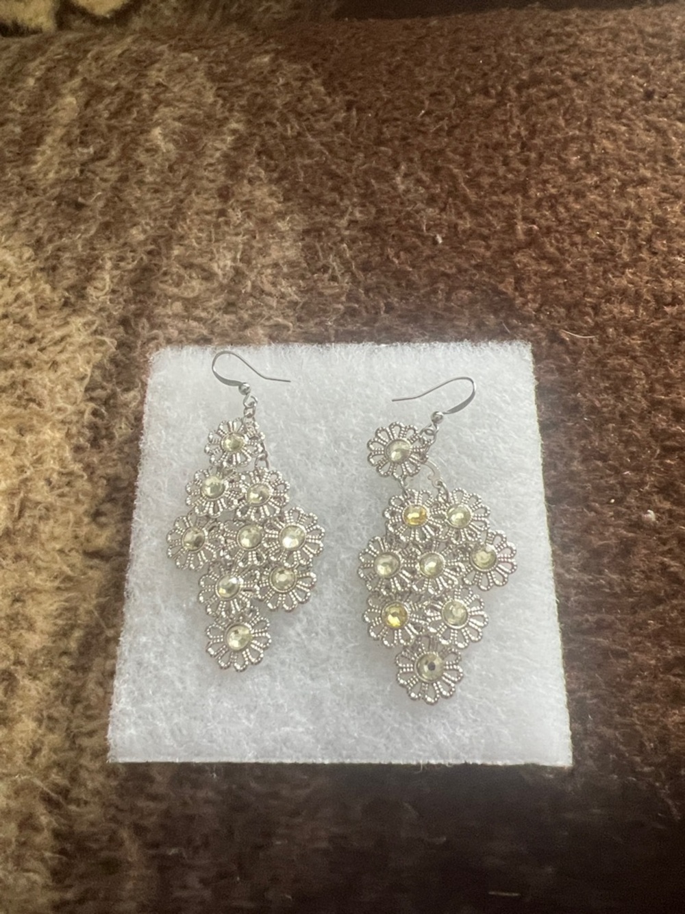 Silver Floral Cluster Dangle Earrings with Pale Yellow Centers